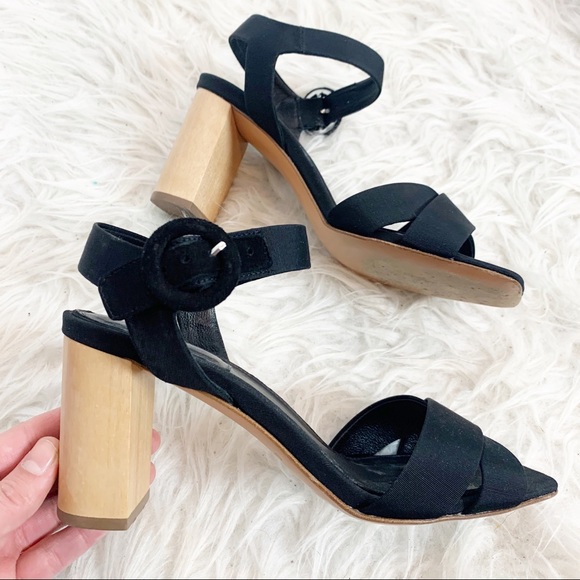 DÔEN Agnes Heel Black Tan Strappy Wood Mary Jane - Picture 2 of 8